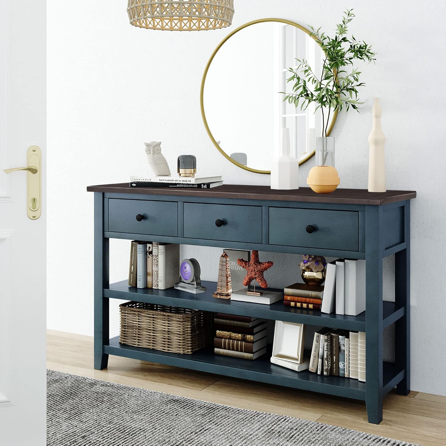 Retro Design Console 2 Open Shelves and 3 Storage Drawers, Sofa Table with Pine Solid Wood Frame and Legs for for Entryway, Hallway, Living Room, Navy