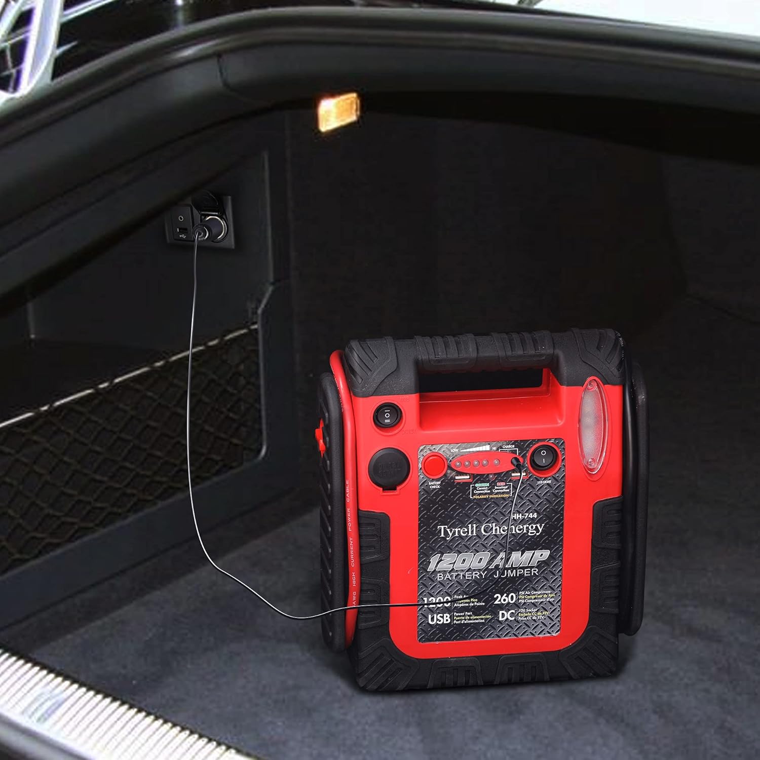 Jump Starter 1200Amp 12V Car Starter Power Station with 260 PSI Air Compressor 5V/2.1A USB DC Sockets 12V for Your Outdoor Trip