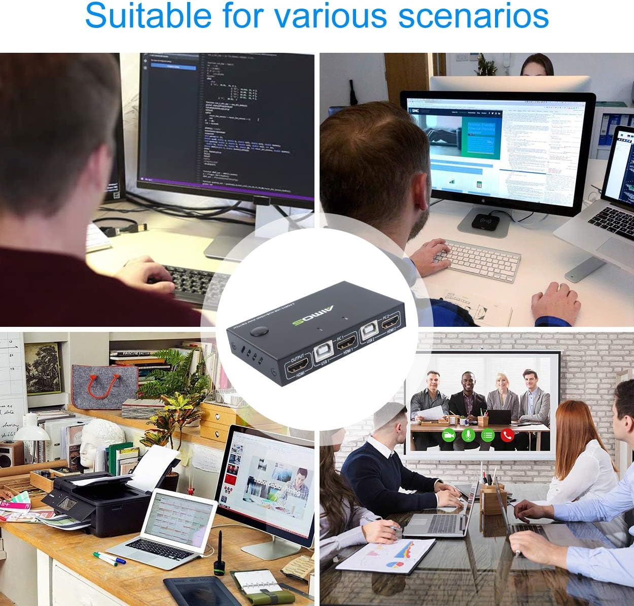 KVM Switch HDMI 2 Port Box, AIMOS USB and HDMI Switches 4 USB Hub, UHD 4K@30Hz, for 2 Computers Share Keyboard Mouse and one HD Monitor, with 2 HDMI Cables and 2 USB Cables