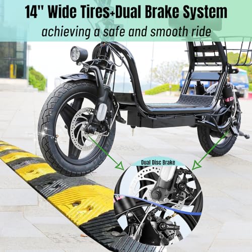 Caroma Peak 500W/800W/1200W Electric Scooter with Seat, Max 15/20/30Miles Range&20MPH, 14" Tires Foldable Adult Electric Scooter with Basket for Pets & Cargo, Dual Shock Absorbing Ebike for Commuting