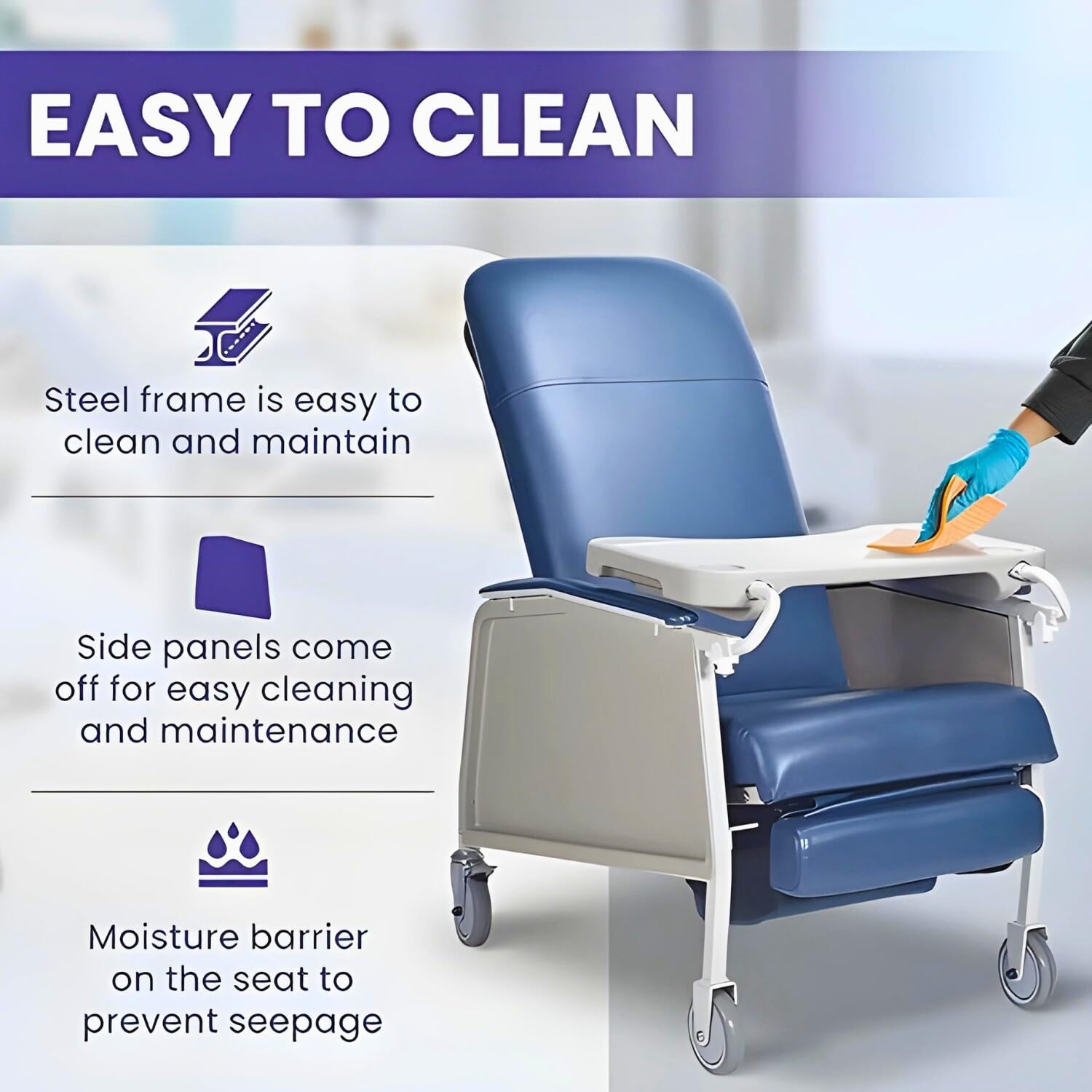 Medacure Reclining Geri Chair - Bariatric Options, 3 Positions, Retractable Lock Bar, Large Tray, 500 Lbs Weight Capacity, Dimensions - 47.5" H x 32" W x 41.5" D - GC500