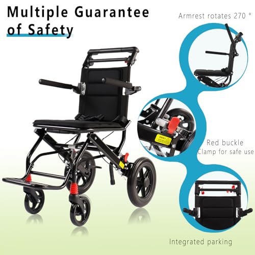 (Seat Width:16") Ultralight Lightweight Folding Wheelchair, Transport Wheelchair for Adults Support 220lbs with Foldable Pedals and Flip-Backs Arms, Handbrake & Storage Bag (12 inch PU Rear Wheel)