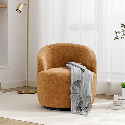 KIVENJAJA Swivel Barrel Chair, Teddy Sherpa Upholstered Round Accent Arm Chairs, Boucle 360 Degree Small Single Sofa Armchair for Nursery Living Room Bedroom (Teddy, Coffee Brown)