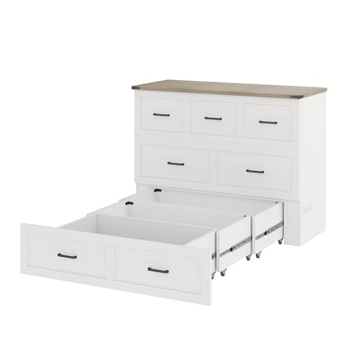 Bellemave Queen Murphy Bed, Cabinet Bed with Charging Station and Storage, Farmhouse Murphy Cabinet with Foldable Panel, Noisy Free, for Guest Bedroom, Living Room, Office, Rustic Gray