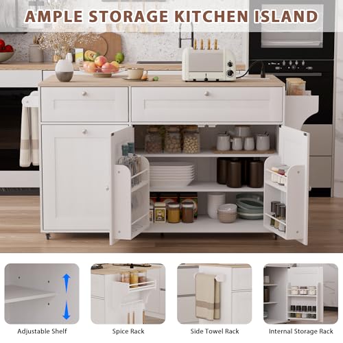 Kitchen Island on Wheels with Storage, Rolling Kitchen Islands with Drop Leaf&Power Outlet, Mobile Kitchen Island Cart with Trash Can Storage, Spice Rack, Towel Rack, Storages Cabinet ,Drawers