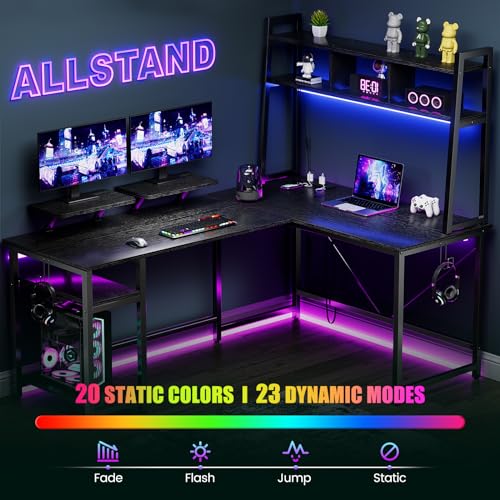 L Shaped Desk Gaming Desk with Hutch, Reversible 94.5” Corner Computer Desk with 1 Monitor Stand & Storage Shelves, Home Office Desk with LED Lights & Power Outlets for Home Office (Rustic Brown)