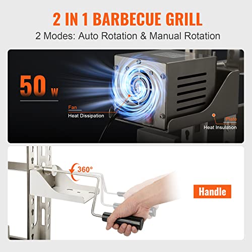 VEVOR Stainless Steel Rotisserie Grill, BBQ Whole Pig Lamb Goat Charcoal Spit Grill, Electric 50W Motor BBQ Hog Rotisserie Roaster, 46 Inch 90 Lbs Capacity Lamb Rotisserie System for Camping Outdoor