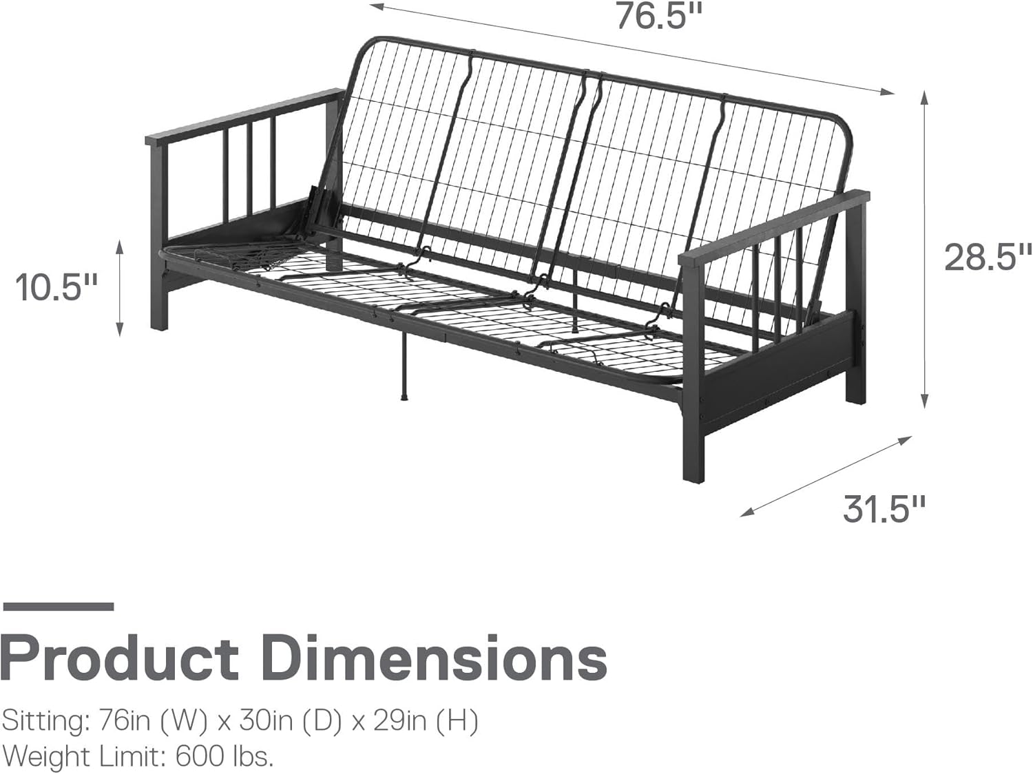 REALROOMS Bretta Contemporary Black Metal Arm Futon Frame