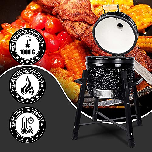Ceramic Kamado Charcoal BBQ Grill and Smoker, Stainless Steel Grates -15" Ceramic with Tall Stand (BLACK)