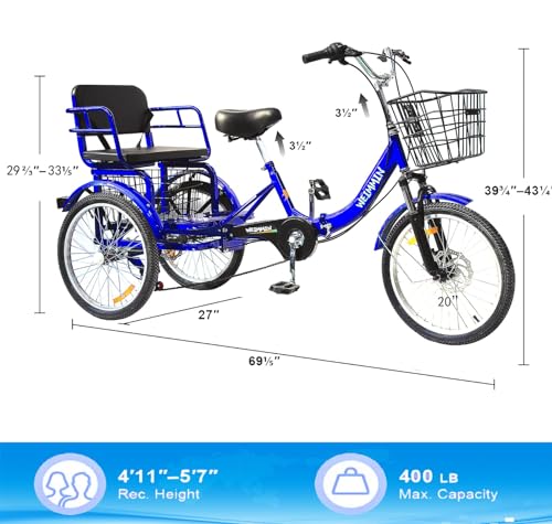 Adult Tricycle 7 Speed, 20 Inch 3 Wheel Bikes Folding Tricycle for Adults,for Women/Men/Seniors, Fork Shock Absorption Wheel Cruiser Bike w/Front&Rear Basket for Shopping/Children