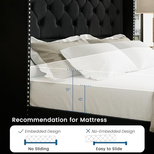 Bed Frame King Size with Storage Drawers and Tufted Headboard, Velvet Upholstered Platform Bed Wingback Bed Frame with Wood Slats, No Box Spring Needed, Black