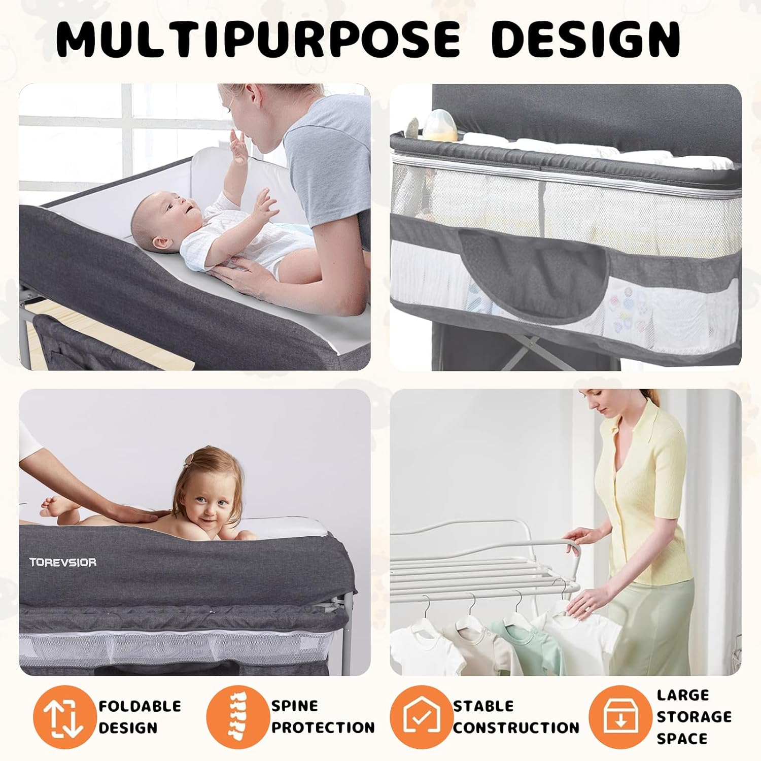 Baby Changing Table, Portable Changing Table with 2 Storage Baskets, Adjustable Heights, Foldable Changing Table Dresser with Soft Waterproof Changing Station for Newborns & Infant