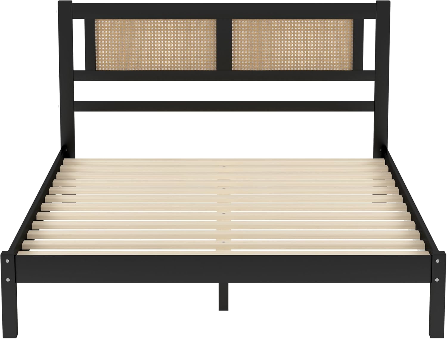 Queen Size Wooden Platform Bed with Natural Rattan Headboard, Exquisite Elegance with Minimalist Charm for Bedroom, Black