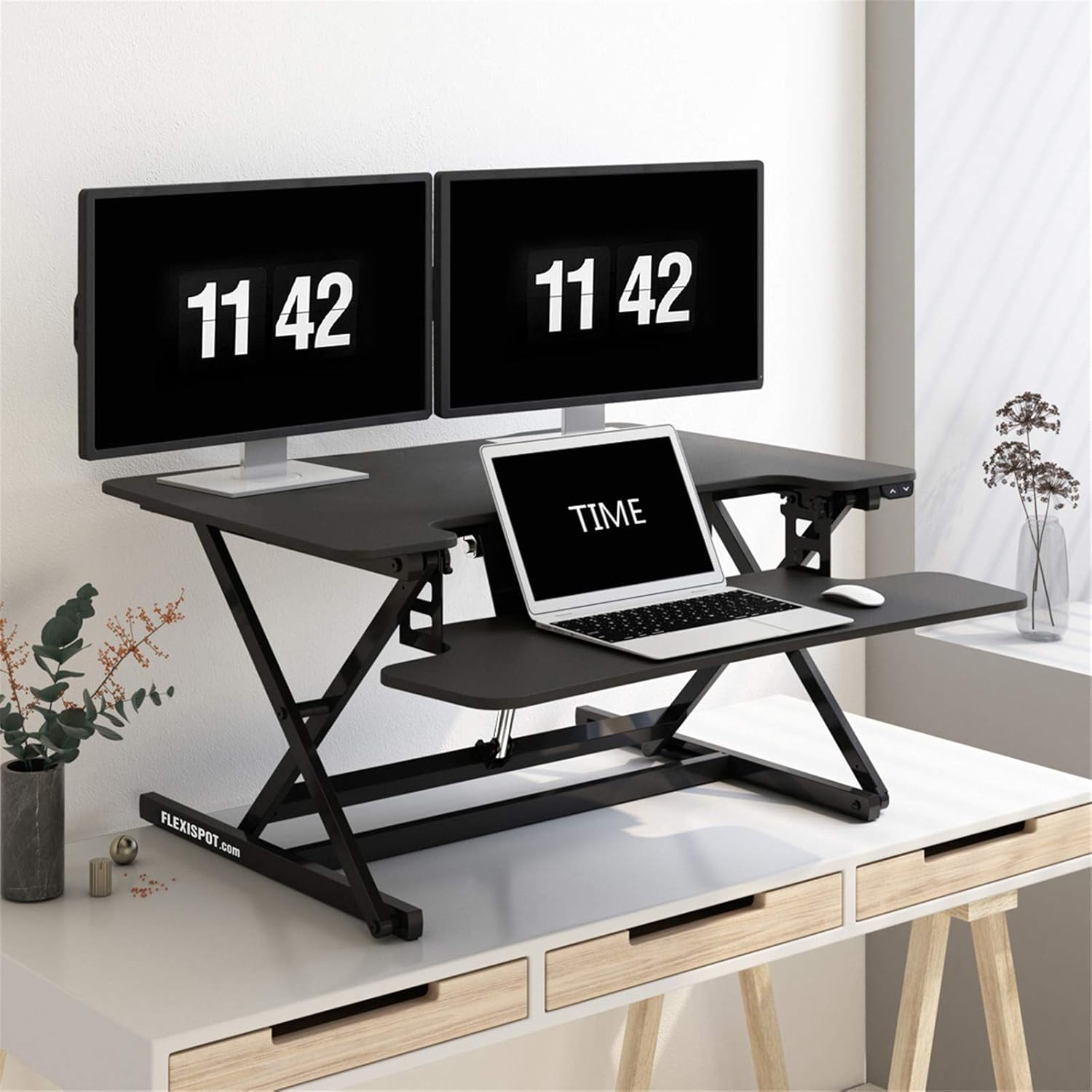 FlexiSpot Motorized Standing Desk Converter- 35" Wide Electric Stand up Desk Computer Desk Riser with Quick Release Keyboard Tray EM8MB