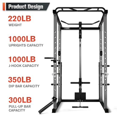 RitFit Power Cage with Optional LAT PullDown/Cable Crossover/Smith Machine System, 1000LB Squat Rack for Home & Garage Gym, with Weight Storage Rack and More Training Attachments, ASTM-Certified