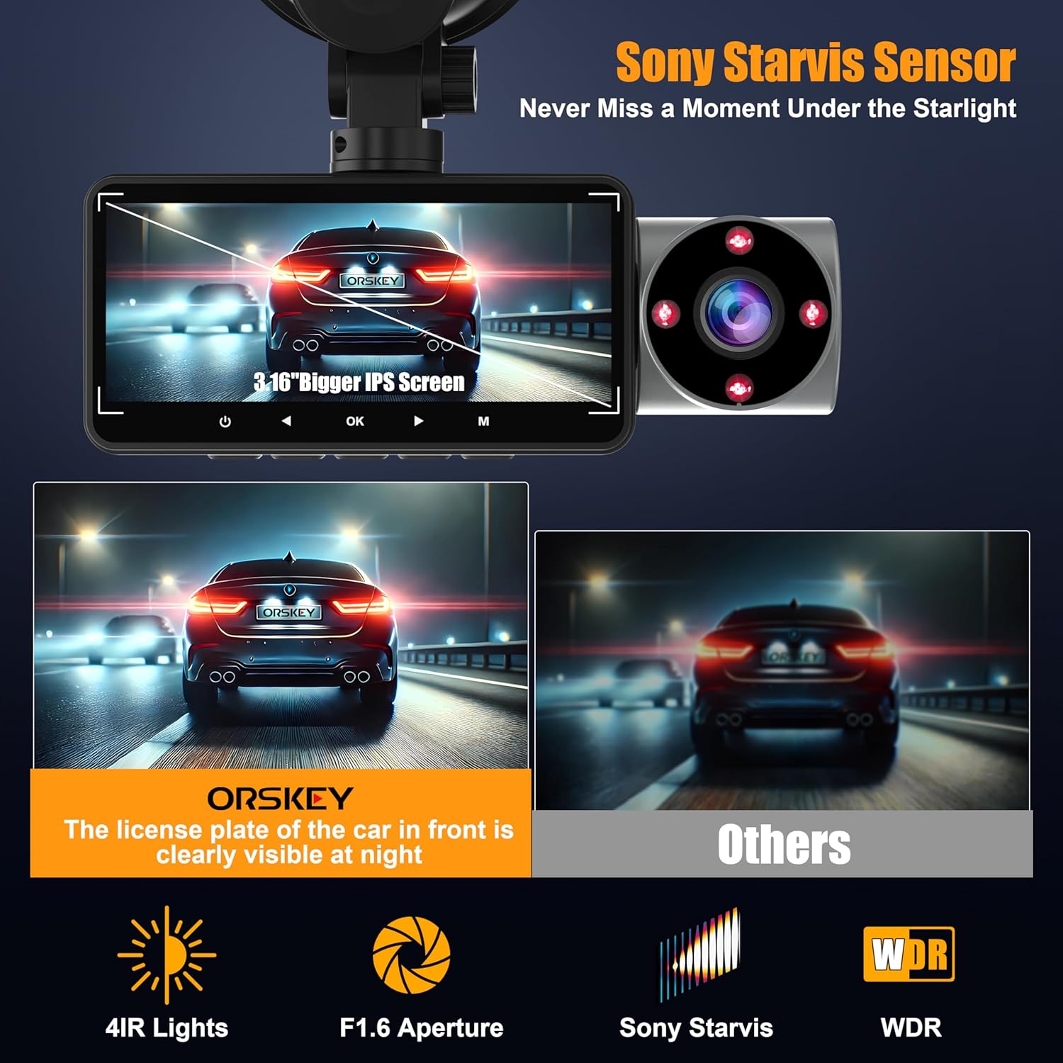 4K Dash Cam Front and Rear Inside 5G WiFi, 64GB Card, Orskey 4K+1080P Dashcam Built-in GPS, 3 Channel Dash Camera for Cars, 3.16" IPS Display, Night Vision, APP Control,24H Parking Mode,Max 256GB