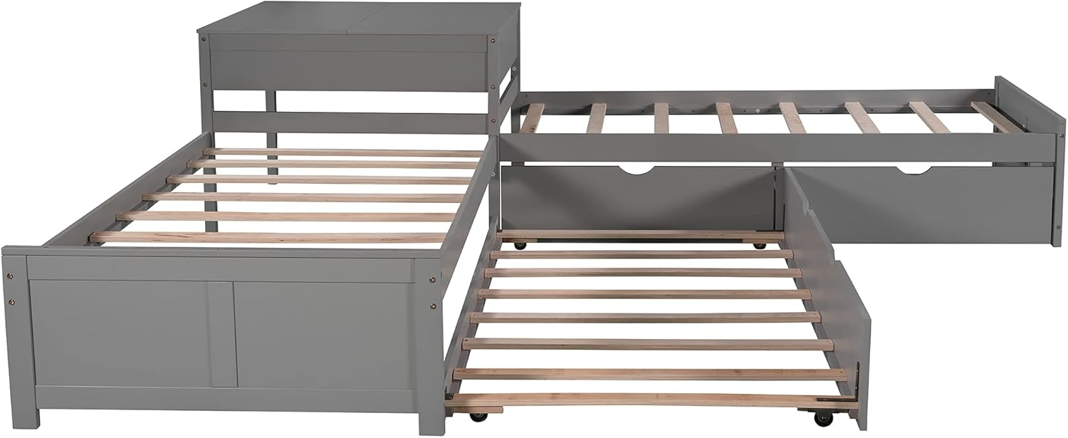 L-Shaped Platform Bed with Trundle and 2 Storage Drawers, Wooden Twin Corner Daybed Frame Linked with Built-in Square Desk, No Noise,for 3 Kids, Teens, Boys, Girls Living Room Bedroom