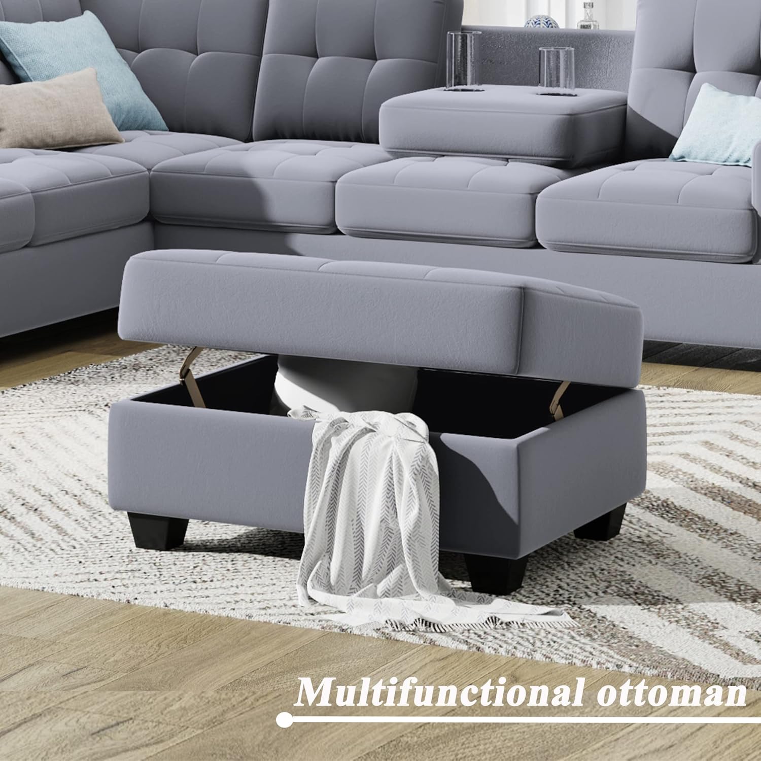Linen Upholstered Sofa Set with Reversible Sectional Chaise, L Shaped Couch Foldable with 2 Cup Holders, Ottoman with Storage, for Living Room, Guest Room, Home Theater, Office, Light Gray
