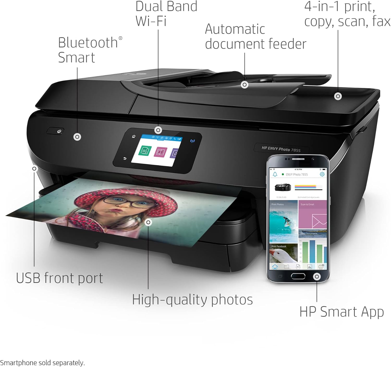 HP ENVY 78 55 Wireless All-In-One Color Inkjet Photo Printer, Black- Print Copy Scan Fax - 2.65" Touchscreen CGD, 15 ppm, 4800x1200 dpi, Auto 2-Sided Printing, 35-page ADF, Ethernet, Instant Ink Ready