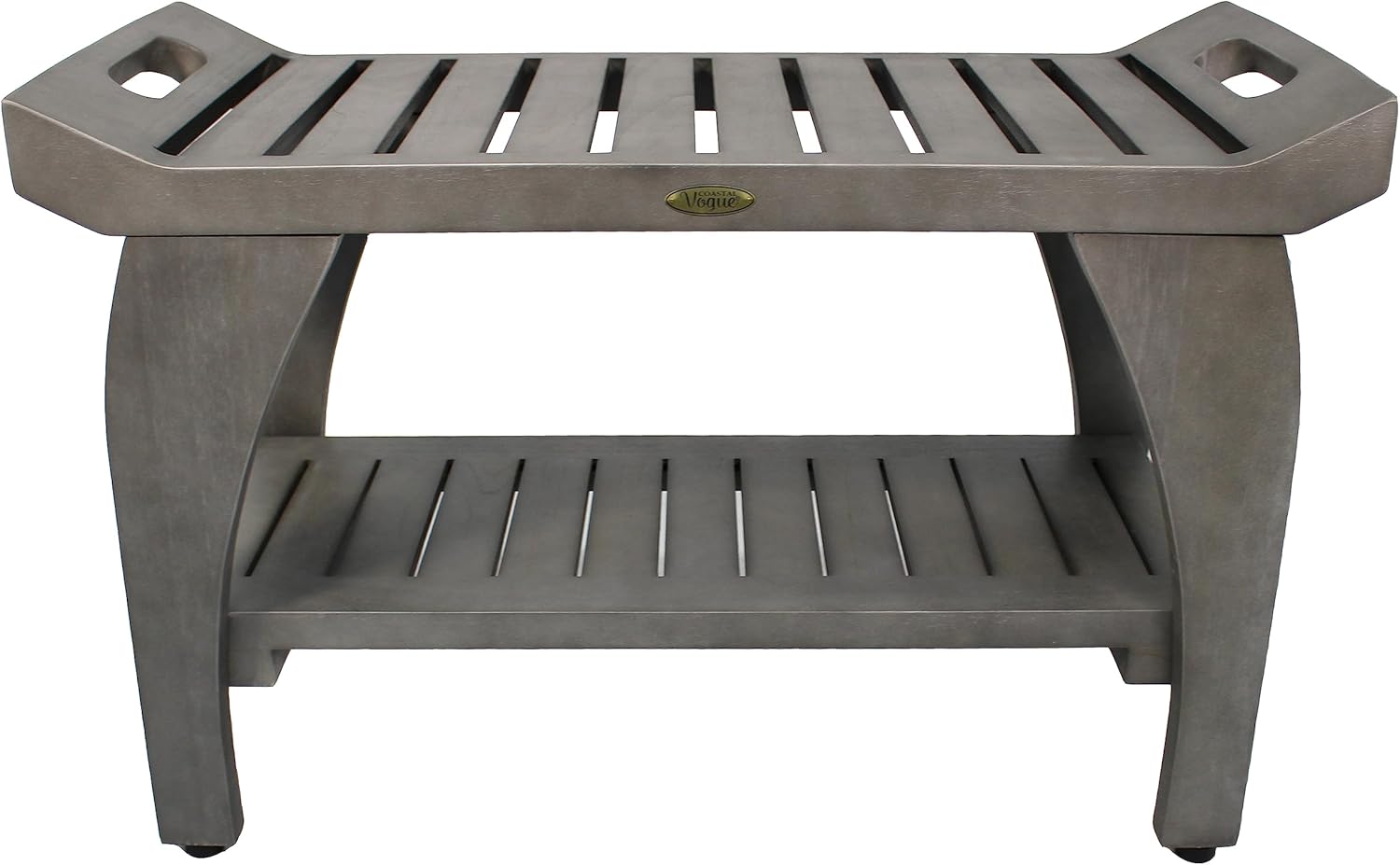 Coastal Vogue Tranquility 30" Teak Wood Shower Bench with Shelf and LiftAide Arms in Gray Finish