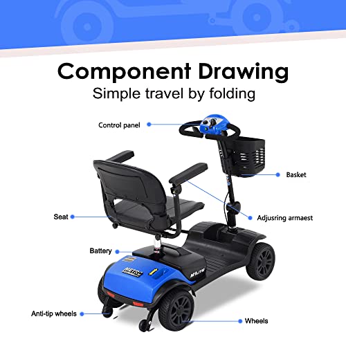 Folding Mobility Scooter - 4 Wheel Lightweight Electric Mobility Scooter for Adults - Red Powered Mobility Scooters for Seniors, Travel - Long Range Power Extended Battery with Charger and Basket