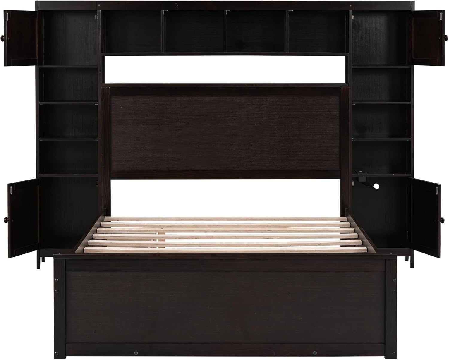 Full Storage Bed with Bookcase Headboard, Wood Full Size Platform Bed with Trundle and 2 Storage Drawers, Full Bed Frame with Cabinet and Shelf, No Box Spring Needed,Espresso