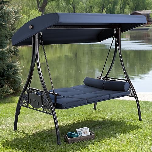 HOMREST 3 Person Outdoor Porch Swing with 1.5" Deep Cup Holder, Adjustable Canopy, Backrest, Patio Swing Bed with Weather Resistant Steel Frame, Cushions for Garden,Deck and Poolside(Blue)