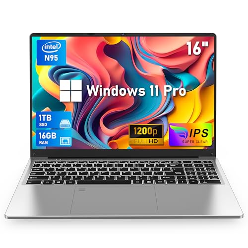 16 Inch Laptop Computer, Gaming Laptop, 16GB RAM 512GB SSD, N95 Processor, FHD 1920 * 1200, 180 Angle Open, Backlit Keyboard, Windows 11 Pro, Fingerprint Unlock, BT 4.2, WiFi 5