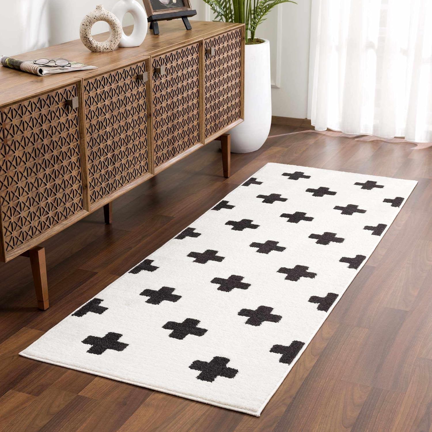 Hauteloom Erath Soft High Pile Living Room Bedroom Area Rug - Swiss Cross Bohemian Farmhouse Carpet - Black White - 7'10" x 10'3"