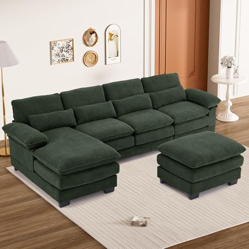 U Shaped Sectional Sofa Cloud Couch for Living Room, 114" Oversized Comfy Chenille Modular Deep Seat Sofa, Modern Large Fluffy 4-Seat Sofa with Lounge Chaise Pillows, Black
