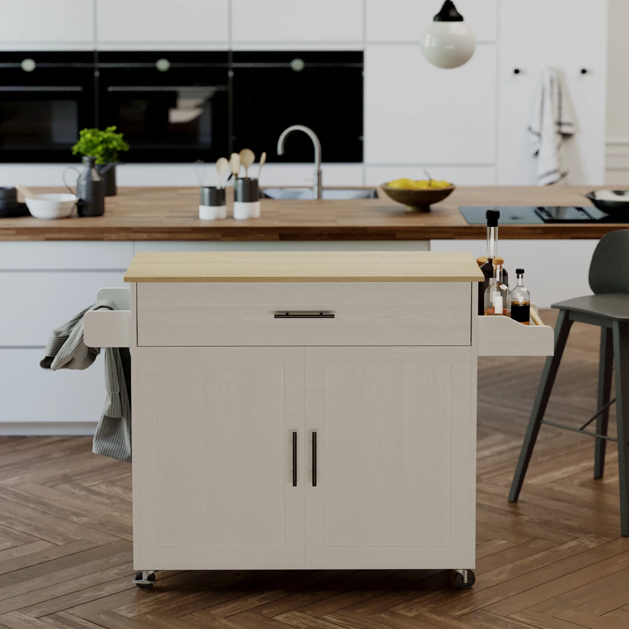 IRONCK Rolling Kitchen Island with Storage, with Storage Cabinet, Drawer, Spice Rack, Towel Rack, Kitchen Cart Table for Kitchen, White