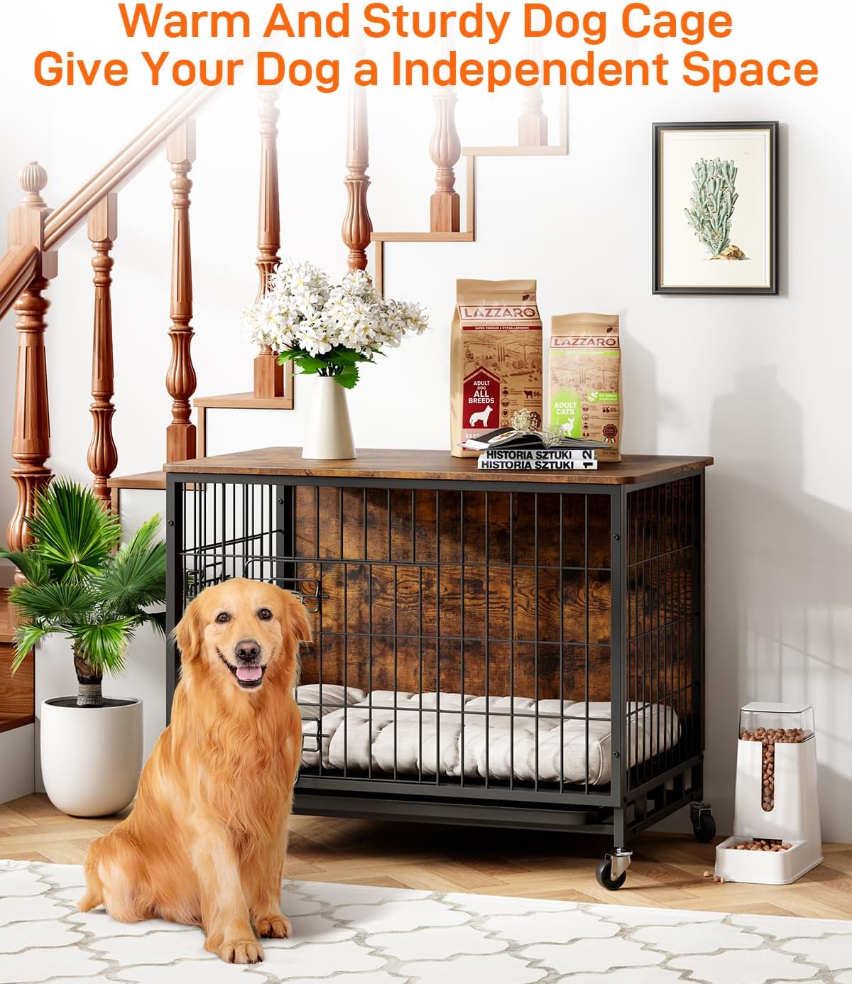Dog Crate Furniture, 2024 New Furniture Style Dog Crate with Removable Tray and Wheels, Heavy-Duty Double-Doors Dog Cage End Table, 32.5" Wooden Dog Kennel, Indoor Dog House for Large Dogs, Brown