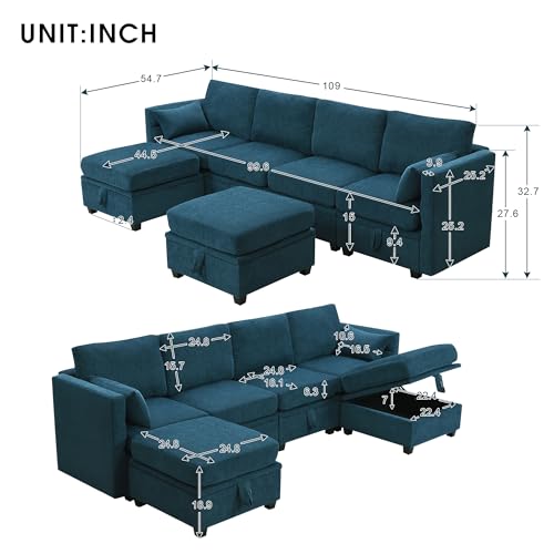 Harper & Bright Designs 109” Sectional Sofa, 6-seat Chenille Modern U-Shaped Reversible Sofa Couch Sets with Storage Seats, Adjustable Armrests and Backrests for Living Room, Apartment, Office (Grey)