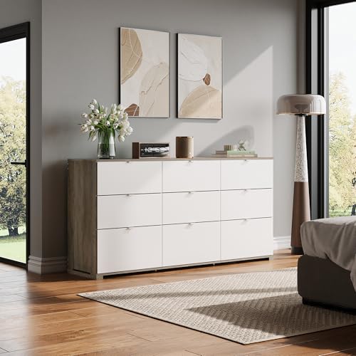 WLIVE 9 Drawer Dressers, Modern Large Wood Dresser Chest for Bedroom Organize with Sturdy Metal Handle, TV Stand for 75 inch TV, Living Room Office, Hallway, Ball Bearing Slide, Grey Oak (63" W)