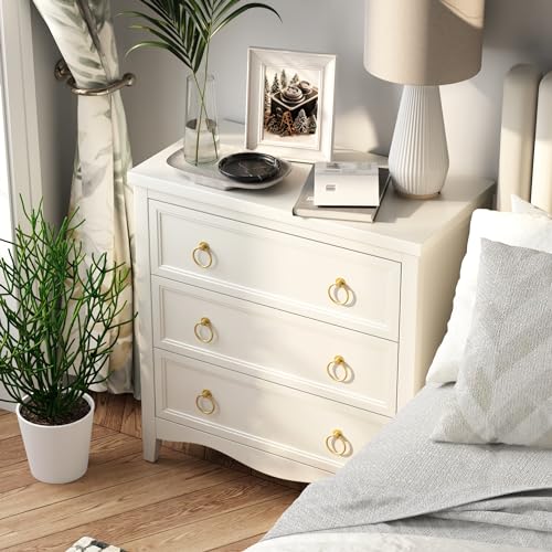 Farmhouse 3-Drawer Dresser, Fully-Assembled French Country Chest of Drawers with Embossed Geometric Lines, Rustic Dresser for Bedroom, Living Room, White