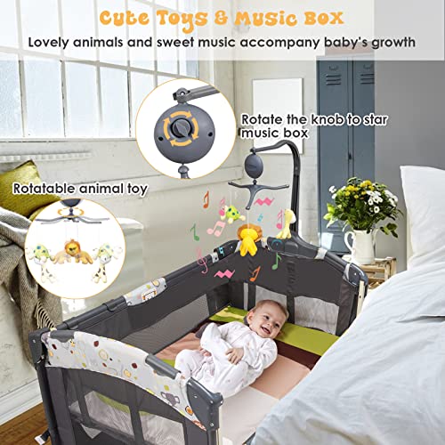 BABY JOY 4 in 1 Pack and Play, Baby Bedside Sleeper with Bassinet, 3 Adjustable Heights, Music Box, Easy to Install, Foldable Bedside Crib w/Changing Table, Playards from Newborn to Toddlers