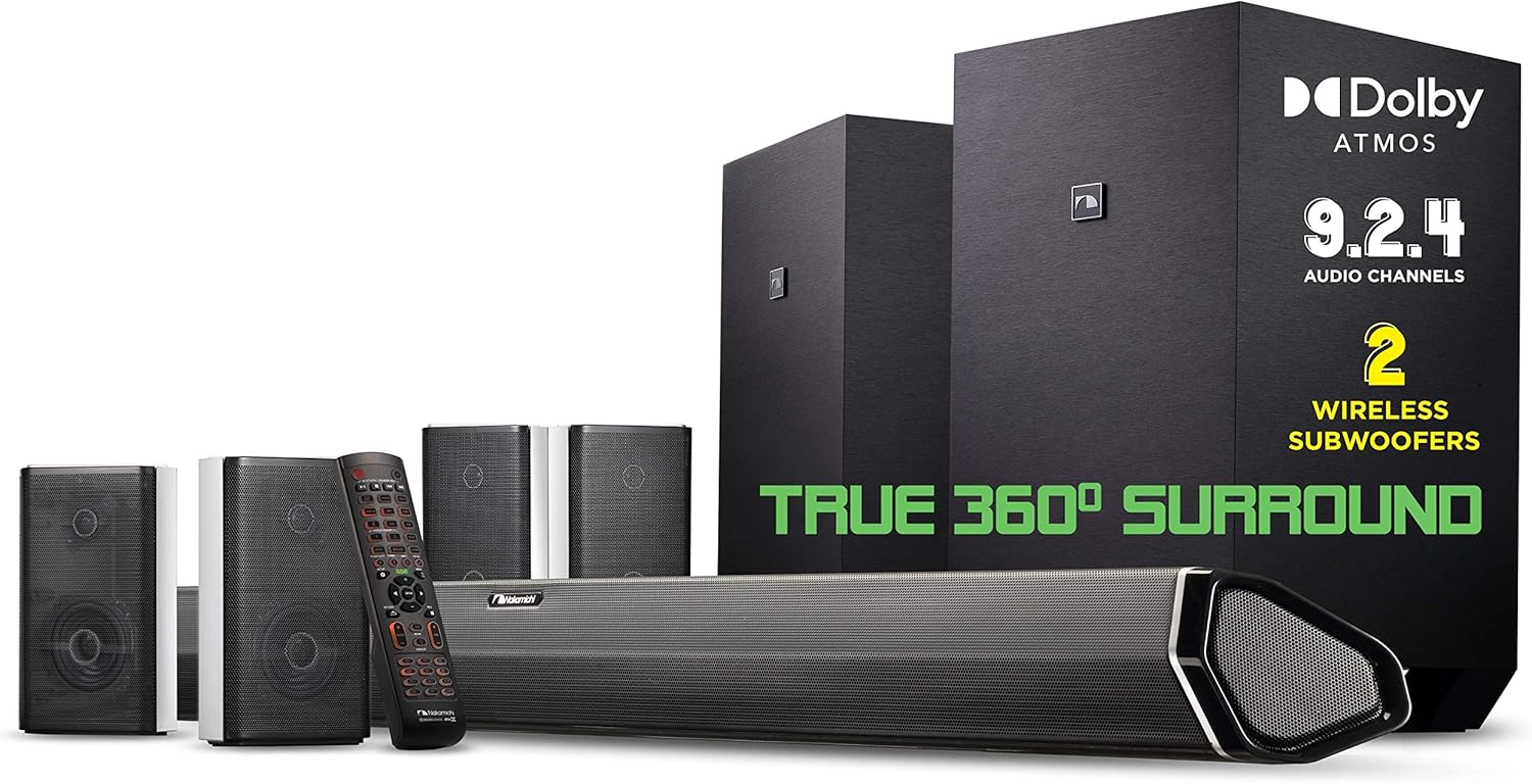 Nakamichi Shockwafe Pro 7.1.4 Channel 600W Dolby Atmos/DTS:X Soundbar with 8" Wireless Subwoofer, 2 Rear Surround Speakers. Get True 360° Cinema Surround with This Plug and Play Home Theater System