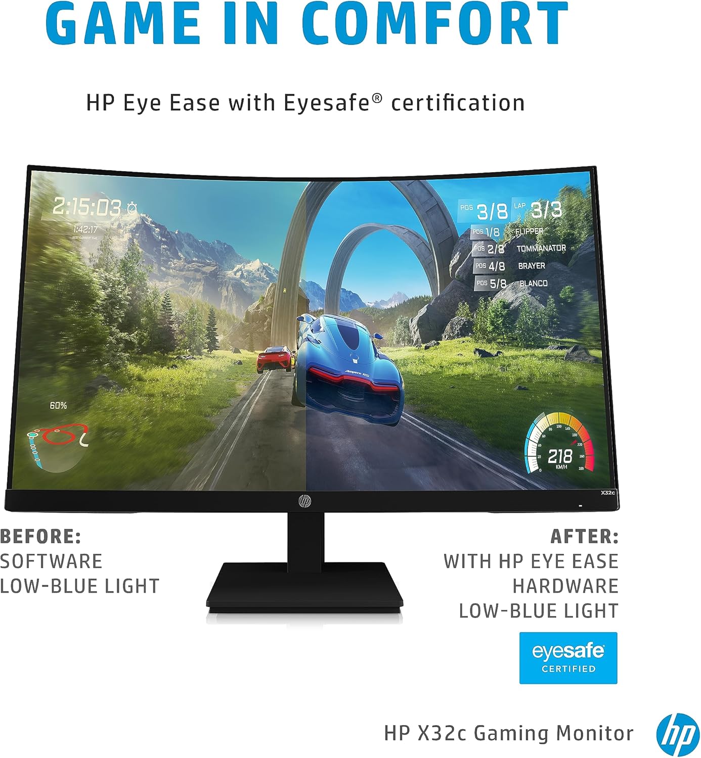 HP 32-inch Curved Gaming Monitor VA HA FHD 1ms 165hz Display, EyeSafe, TÜV certified (X32c, Black)