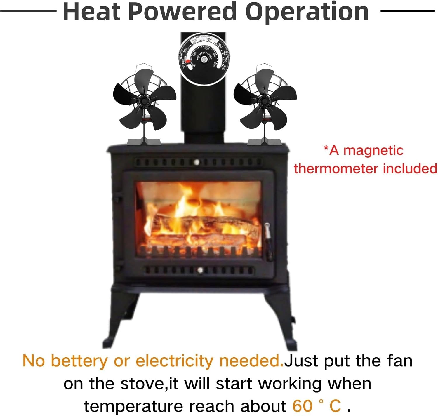 TEENGSE Heat Powered Wood Stove Fan 5 Blades with Thermometer, Silent Fireplace Top Fan for Home Wood Burning Heater Eco-friendly High Efficient Thermal Heat Distribution Accessories-Black Pack of 2