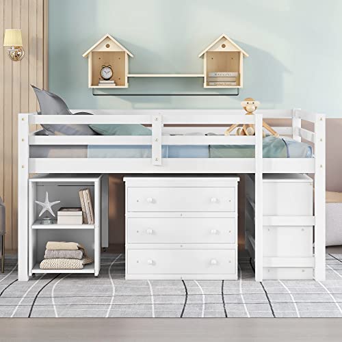 Maximized Space Functional Low Study Loft Bed with Desk, Cabinet, Bookshelf, and Rolling Portable Desk – High-Grade Pinewood Frame with Full-Length Guardrail for Enhanced Safety (White,Full)