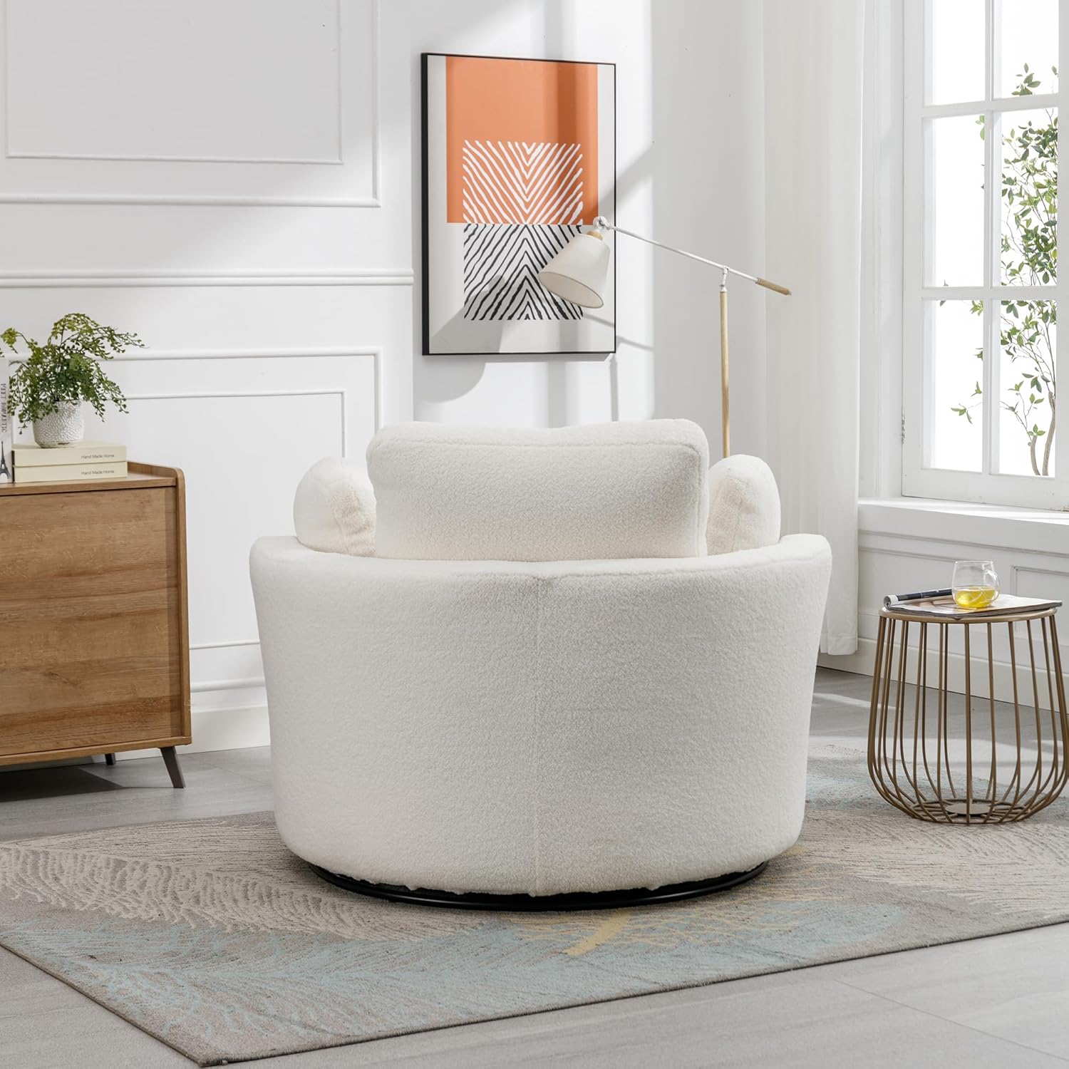HomSof 42.2" W Swivel Accent Barrel Chair and Half Swivel Sofa with 3 Pillows 360 Degree Swivel Round Sofa Modern Oversized Arm Chair Cozy Club Chair for Bedroom Living Room Lounge Hotel,Ivory Sherpa