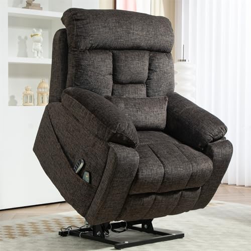 Light Grey Recliner Chair for Elderly | Tall and Big Man 400lbs | Chenille | Power Lift, Lay Flat, Stand Up, Wireless Charging Device, Extended Footrest, Massage Heat, Cup Holder, Lumbar Pillow