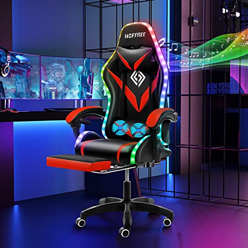 HOFFREE Gaming Chair Massage with Bluetooth Speakers and Led Lights Ergonomic Computer Gaming Chair with Footrest RGB Video Game Chair with High Back Lumbar Support Blue and Black