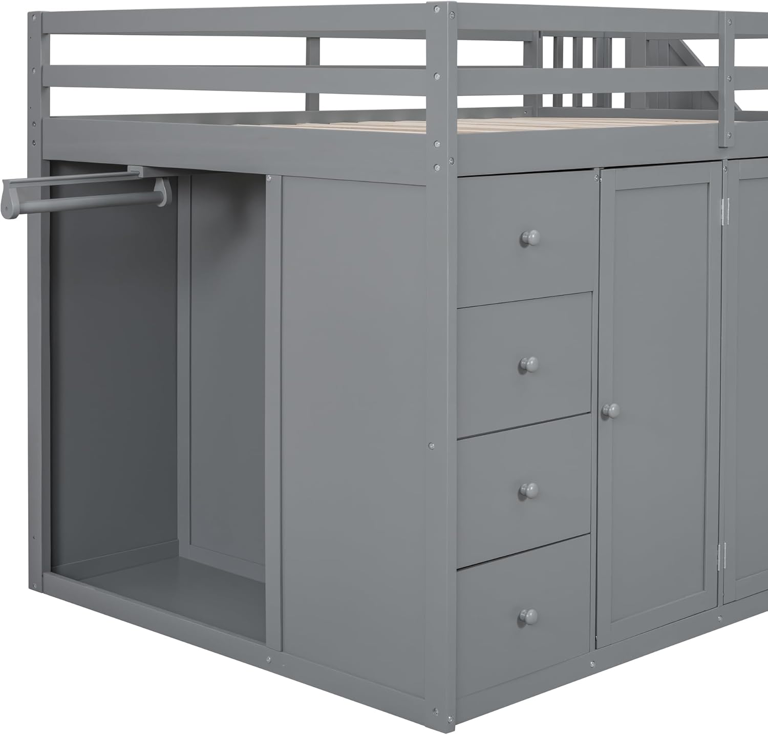 Full Size Loft Bed with Storage Space, Muti-Functional Wooden Loft Bed Frame with Built-in Wardrobes, Staircase, Cabinets and Drawers for Kids Teens Adults Bedroom, Space-Saving Design, Gray