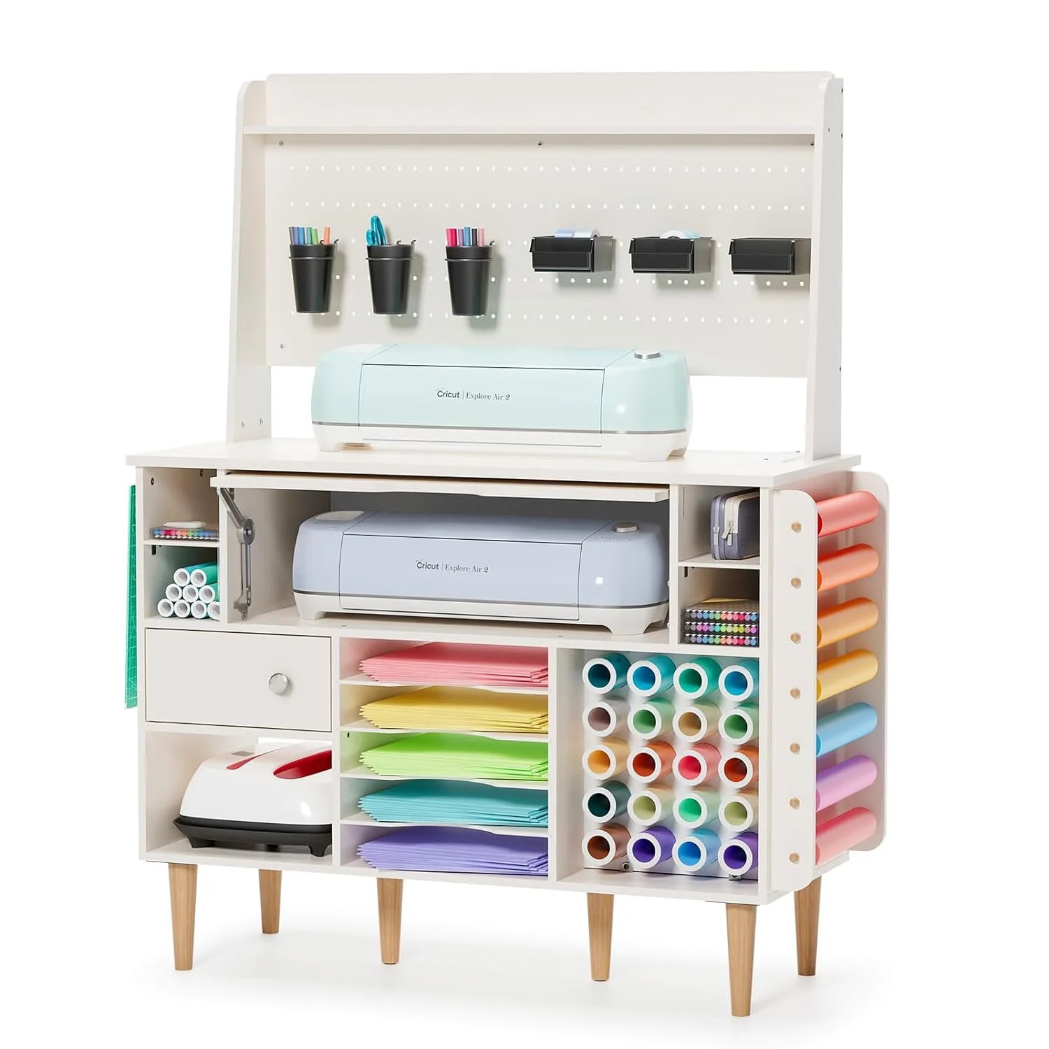 Organization and Storage Cabinet Compatible with Cricut Machines, Craft Cabinet Table Crafting Desk Organizer with Charging Station, Pegboard, Vinyl Roll Holders, Large Craft Room Furniture