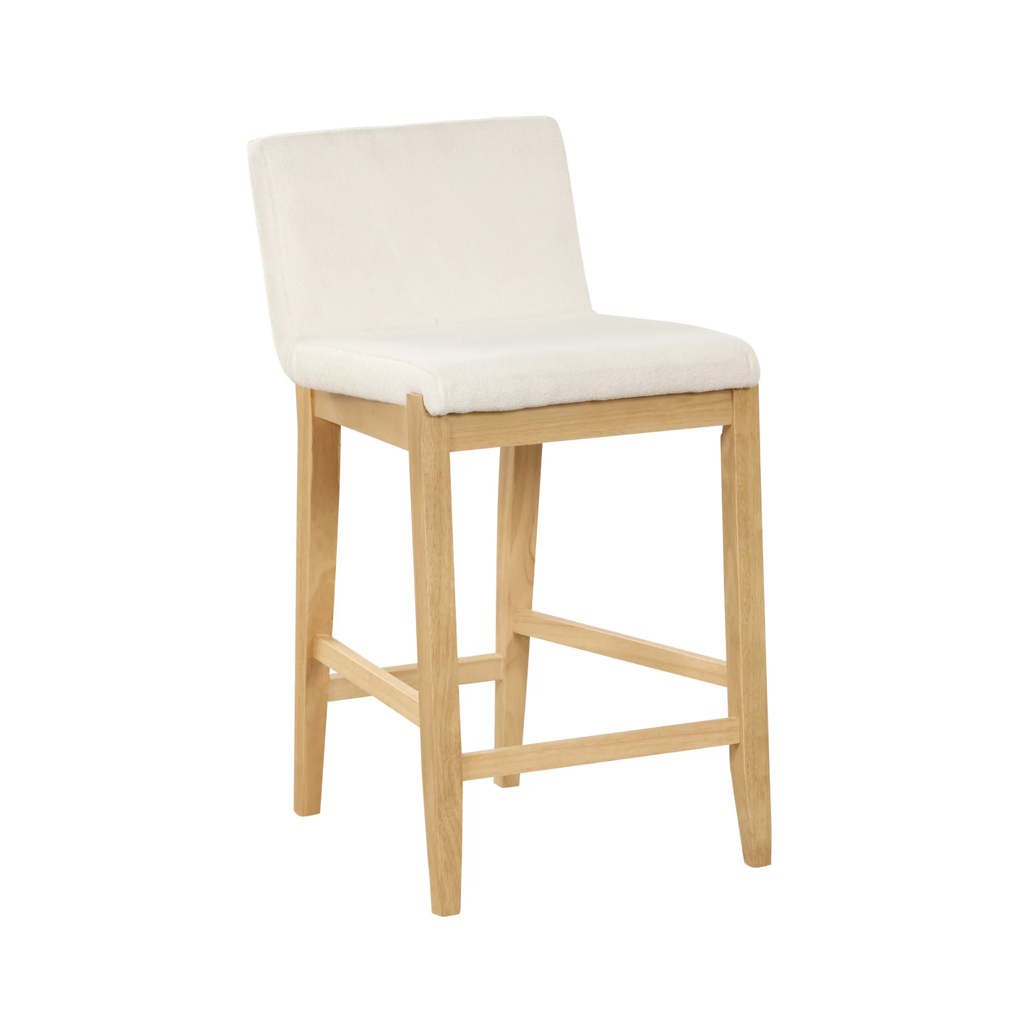Gracie Modern Counter Height Bar Stool with Back, Counter Stool Upholstered Chair with Natural Textured Boucle Linen and Brushed Wooden Legs, White/Light Brown