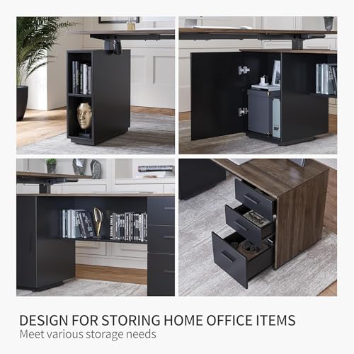FEZIBO 63" L Shaped Executive Standing Desk with File Cabinet, Electric Height Adjustable, Black Walnut