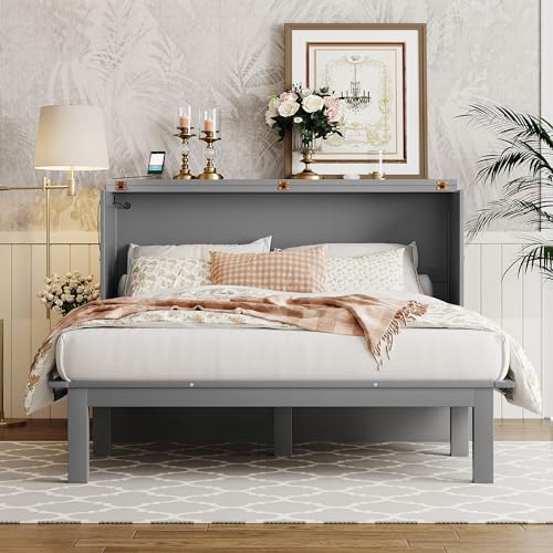 Queen Size Murphy Bed with USB Port, Wooden Queen Bed Frame with 2 Removable Desk, Foldable Cube Cabinet Queen Platform Bed, Modern Murphy Bed for Guest Room Home Office, White