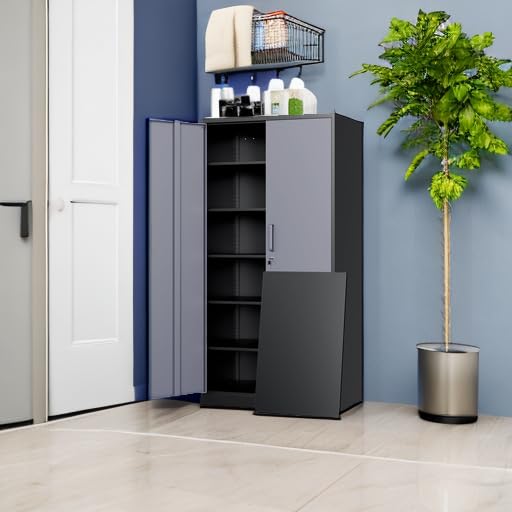 Yizosh Metal Garage Storage Cabinet with 2 Doors and 5 Adjustable Shelves - 71" Steel Lockable File Cabinet,Locking Tool Cabinets for Office,Home,Garage,Gym,School (Gray White)