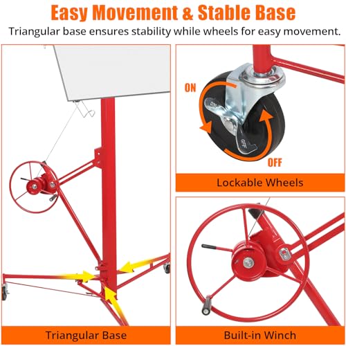 Drywall Lift 11FT, Drywall Jack Lift for Ceiling, Adjustable Panel Hoist, 150LBS Heavy Duty Drywall Lifter, 3 Lockable Wheels Foldable Sheetrock Lift for Home Improvement, Red